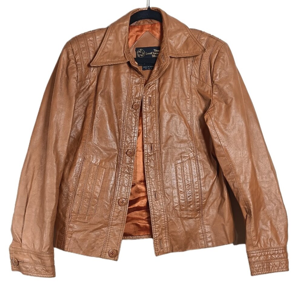 The Leather Shop Leather Trucker Jacket Mens 38 Terra Cotta Vtg 90s Y2K Sears